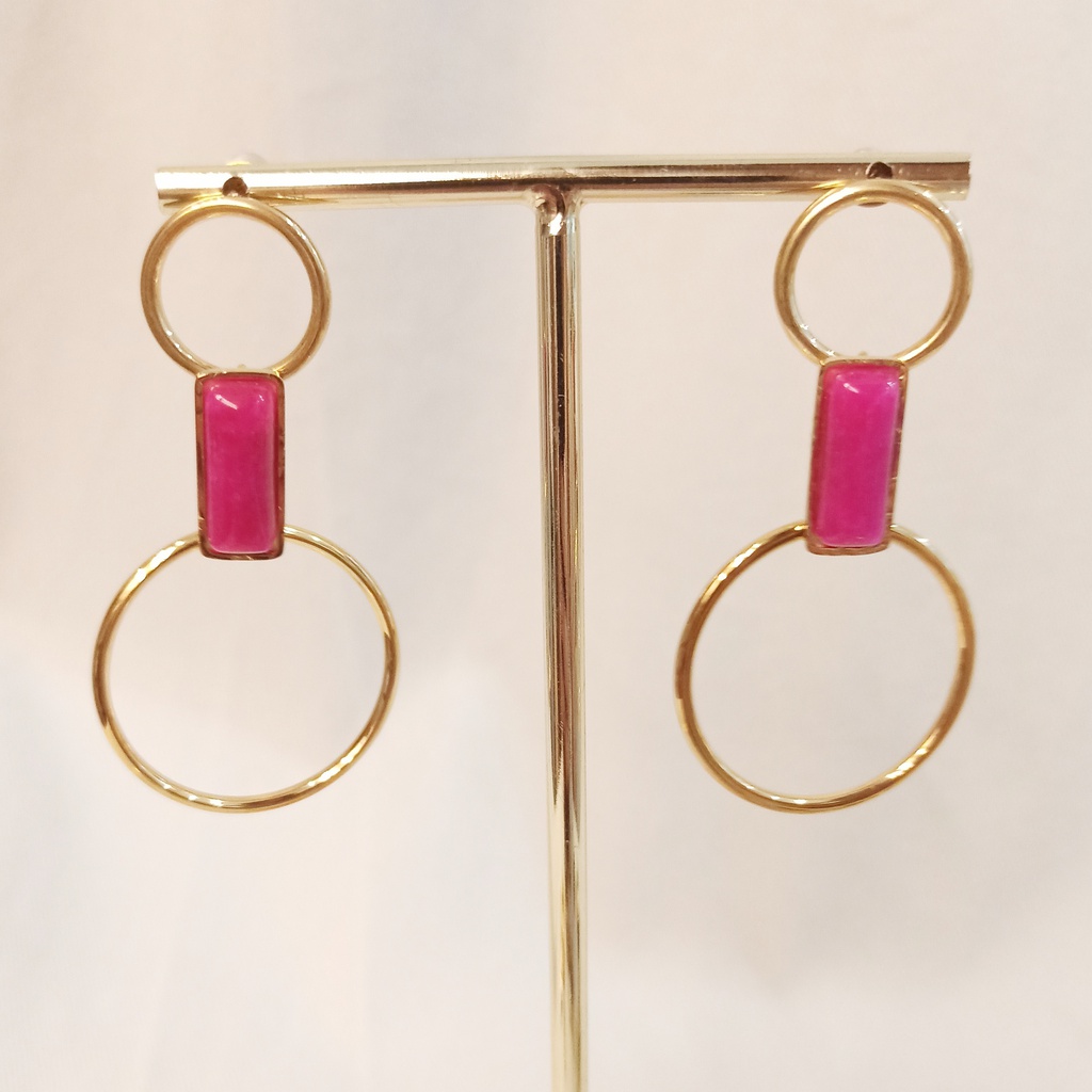 Pendientes Doble Aro Dorado Piedra Rectangular Rosa