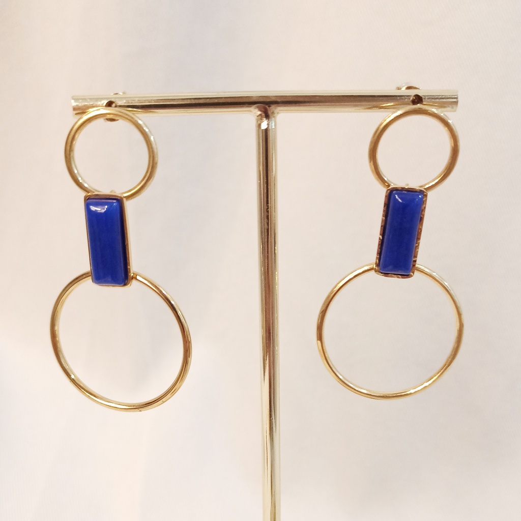 Pendientes Doble Aro Dorado Piedra Rectangular Azul