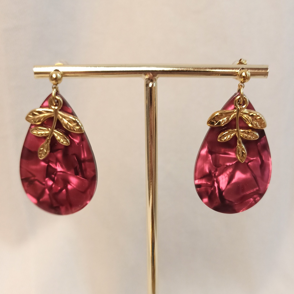 Pendientes Hoja Dorada Acrílico Rosa Morado Buganvilla