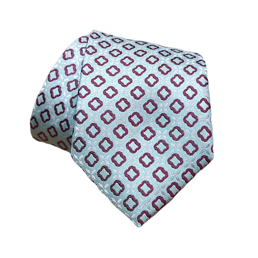 Corbata azul claro con motivos geométricos en rojo granate cb033