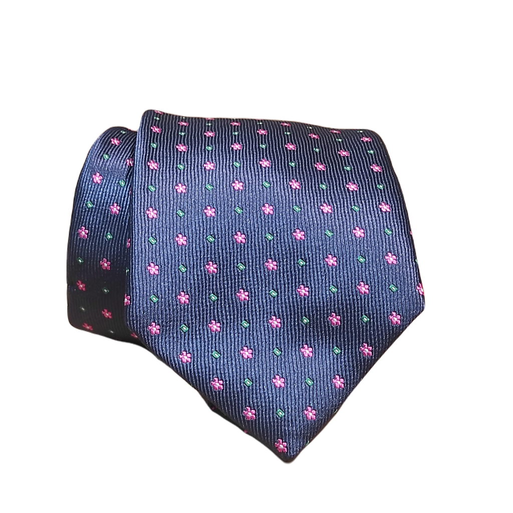 Corbata azul marino mini flores rosa y verde