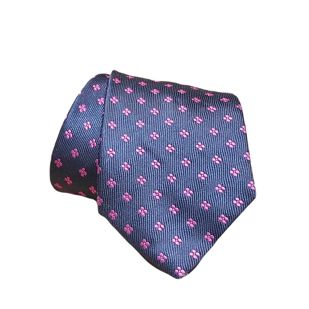 Corbata azul marino con flores geométricas rosa