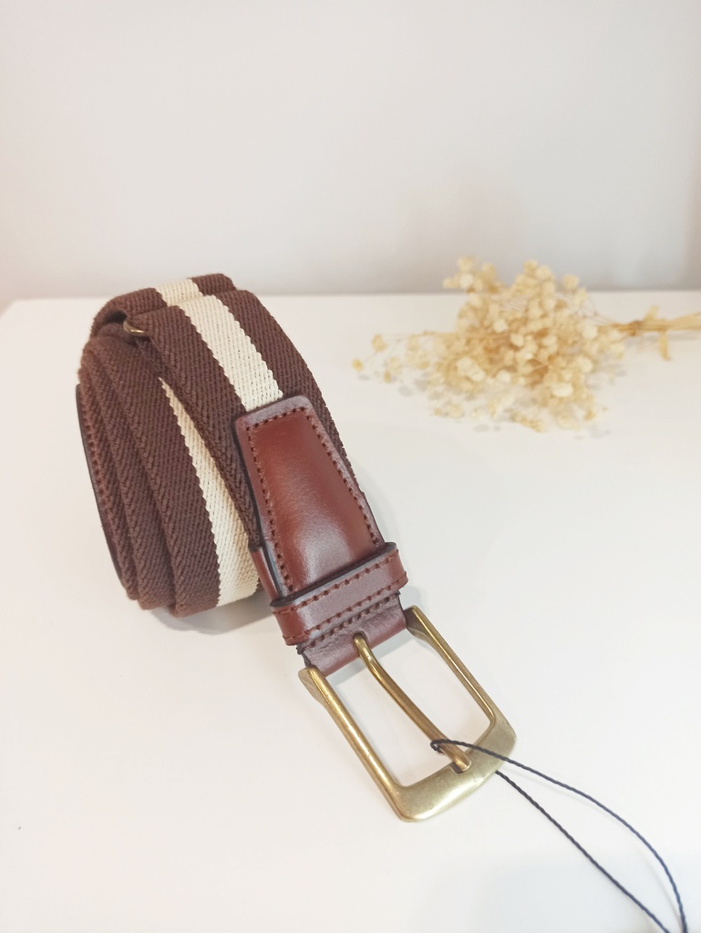 Cinturón elástico/piel stroget marrón con franja ancha color crema