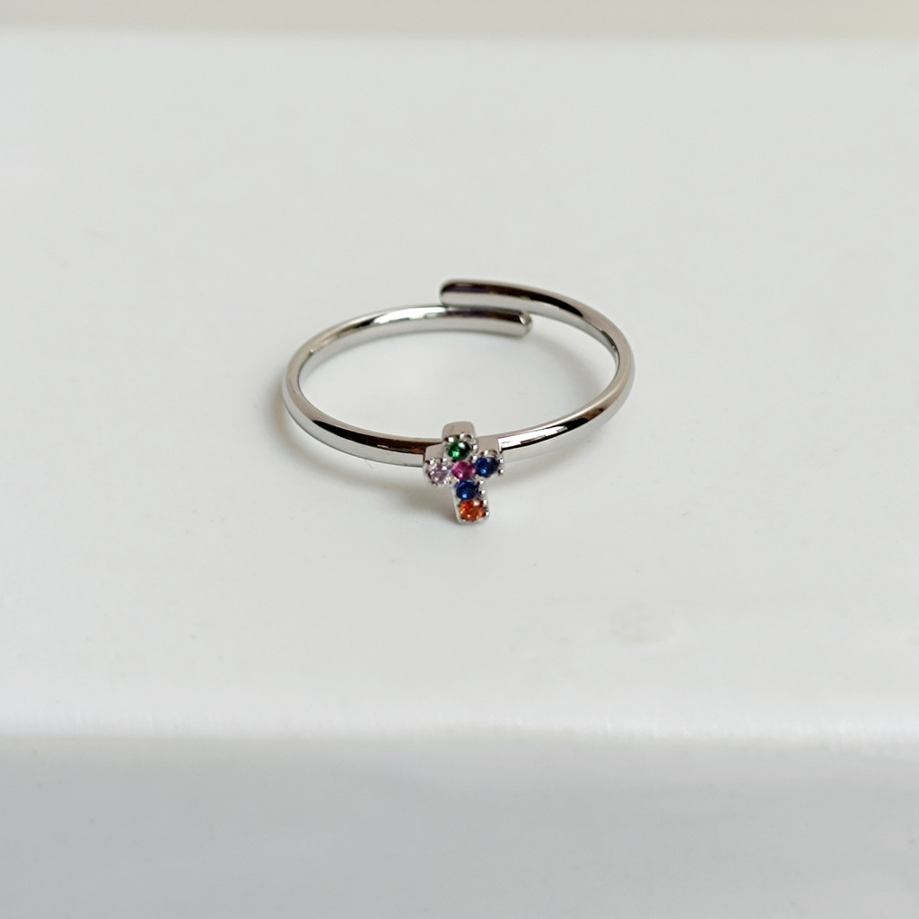 Anillo Cruz Circonitas Colores (Plateado)
