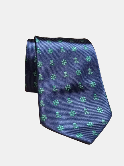 Corbata azul marino calaveras y flores verdes