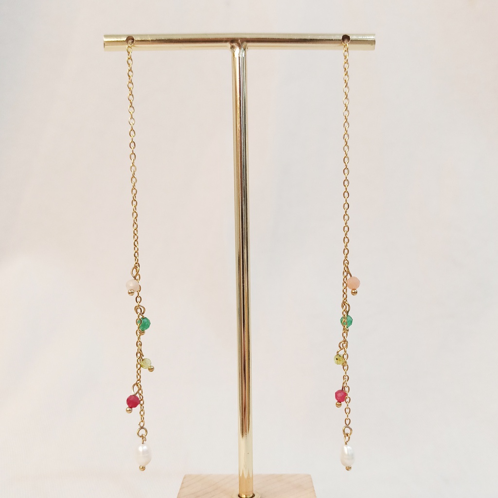 Pendientes Largos Cuentas Colores y Perla Dorado