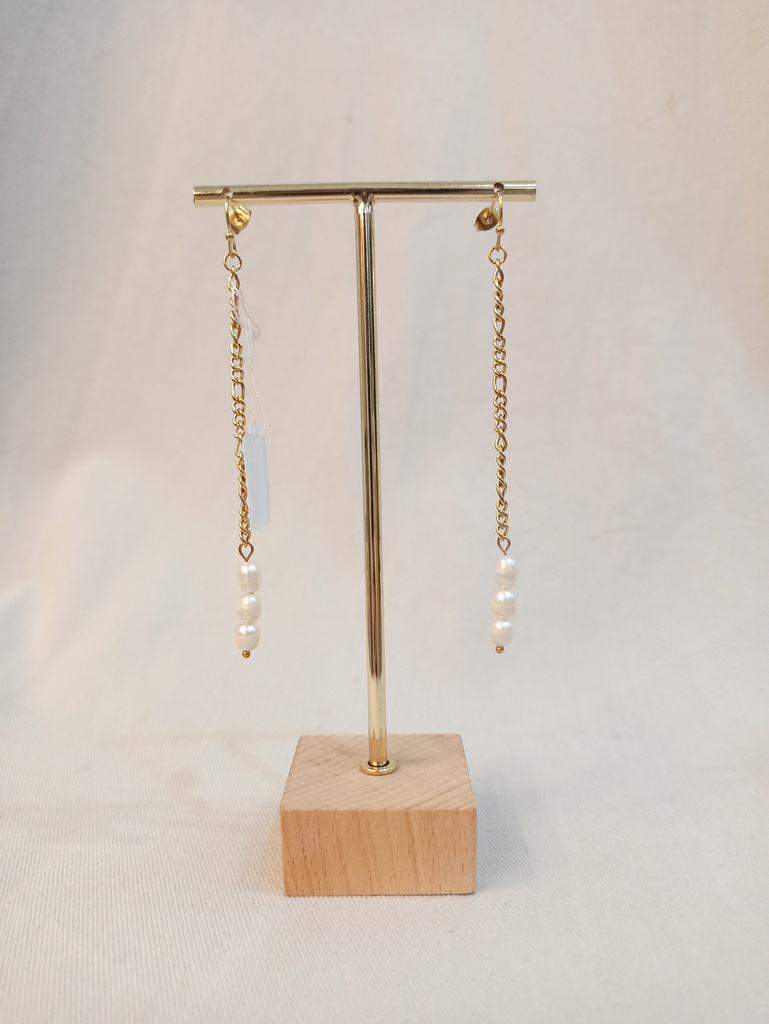 Pendientes Largos Tres Perlitas Dorado