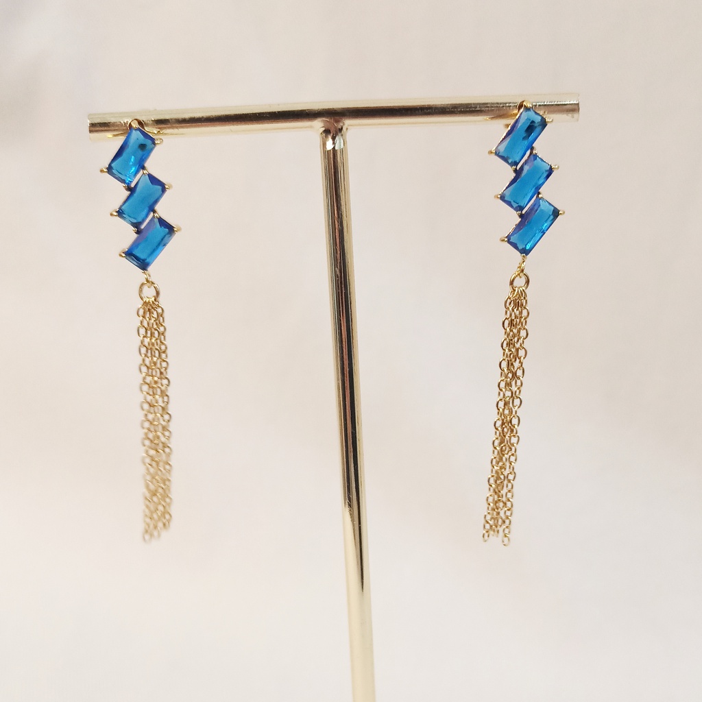 Pendientes Cristal Azul Tiras Doradas