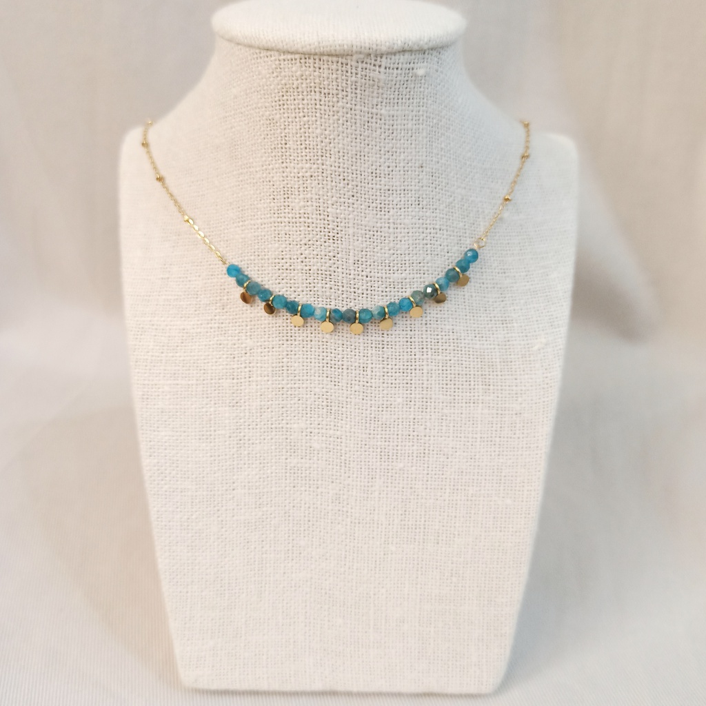 Collar Cuentas Azules Chapitas Doradas