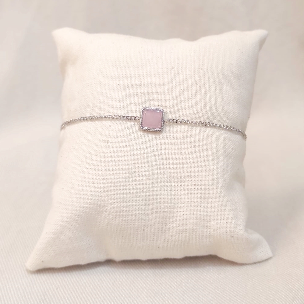 Pulsera Piedra Rosa Cuadrada Plateada