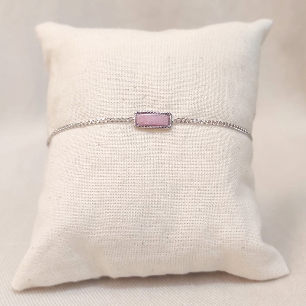 Pulsera Piedra Rosa Rectangular Plateada