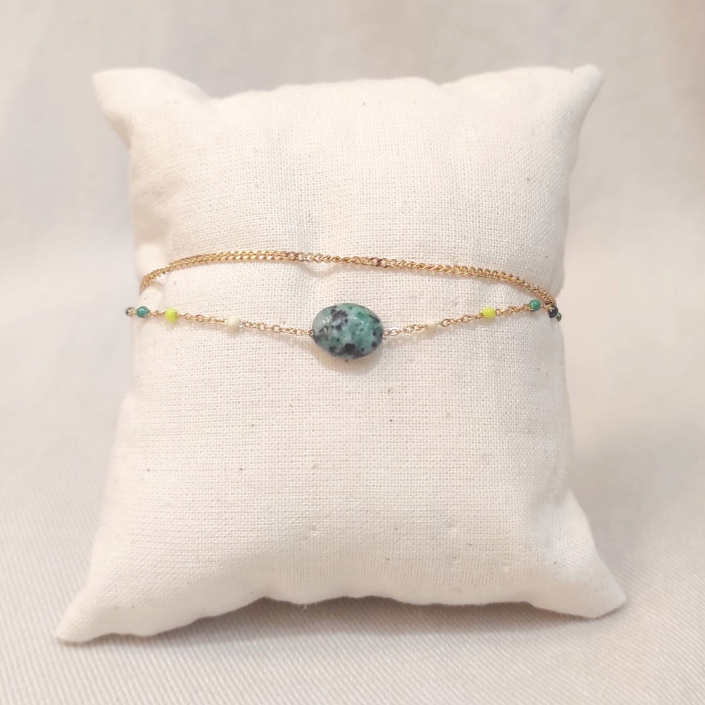 Pulsera Doble Piedra Verde Cadena Esmaltada Dorada