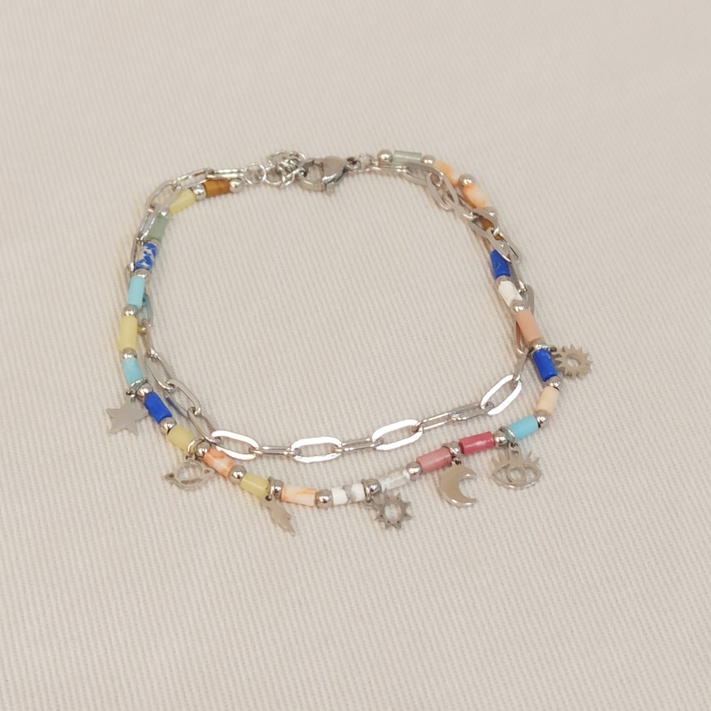 Pulsera Doble Cuentas Colores Multicharm Space Plateada