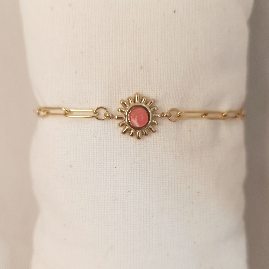 Pulsera Sol Piedra Rosa Coral Dorada