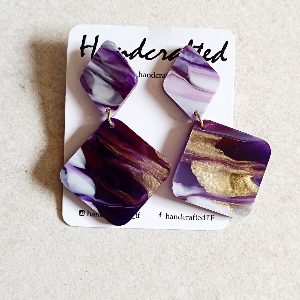 Pendientes Metacrilato Doble Rombo Morado y Dorado - Handcrafted