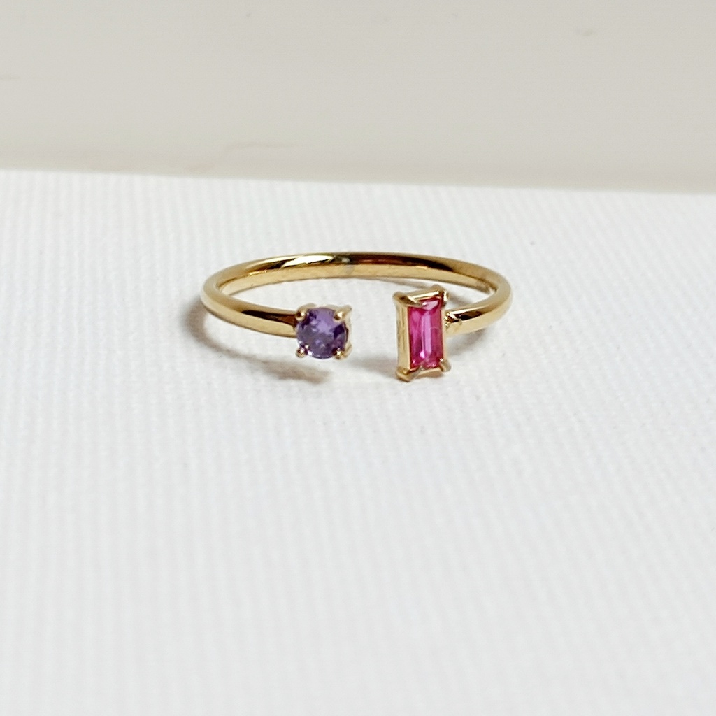 Anillo Abierto Circonita Rectangular Colores Fucsia y Lila