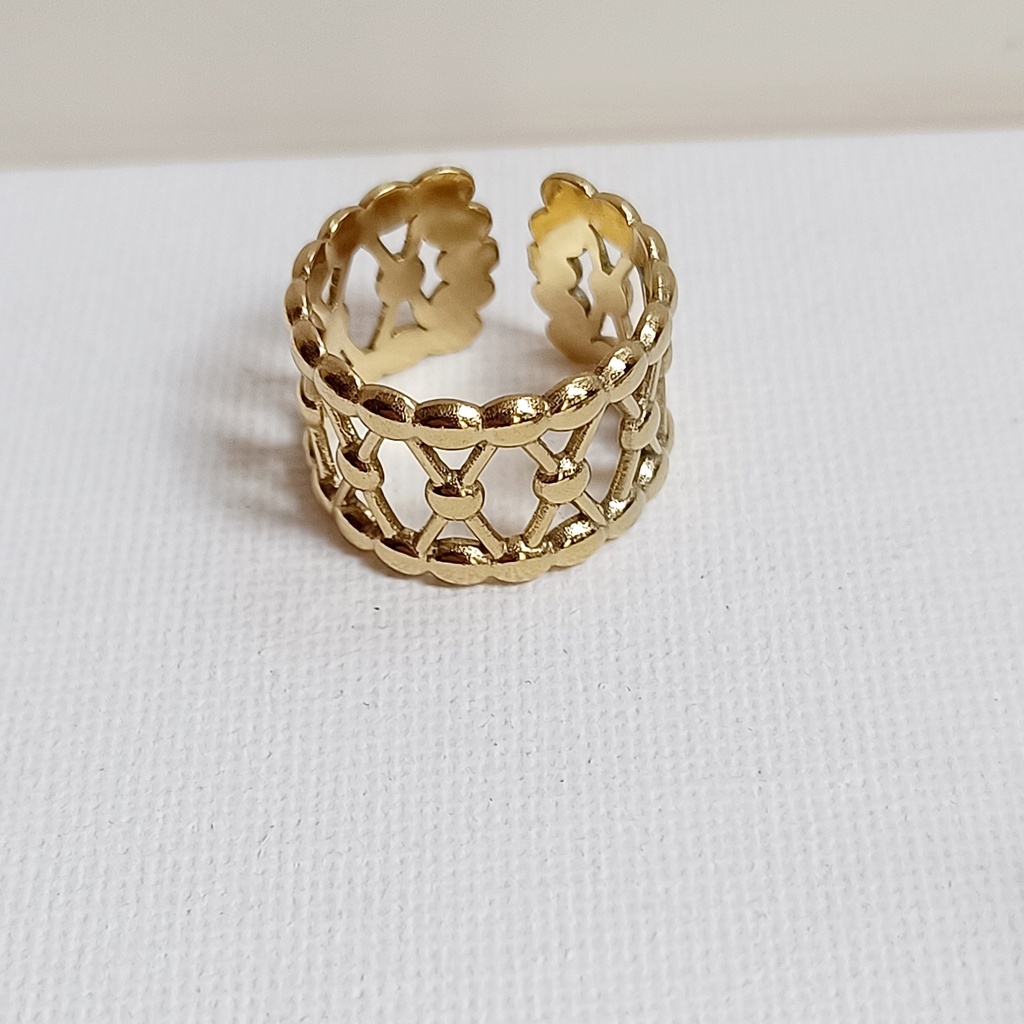 Anillo Ancho Rejilla Bolitas Dorado