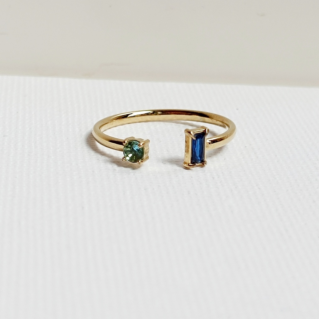 Anillo Dorado Doble Circonita Rectangular Verde y Azul