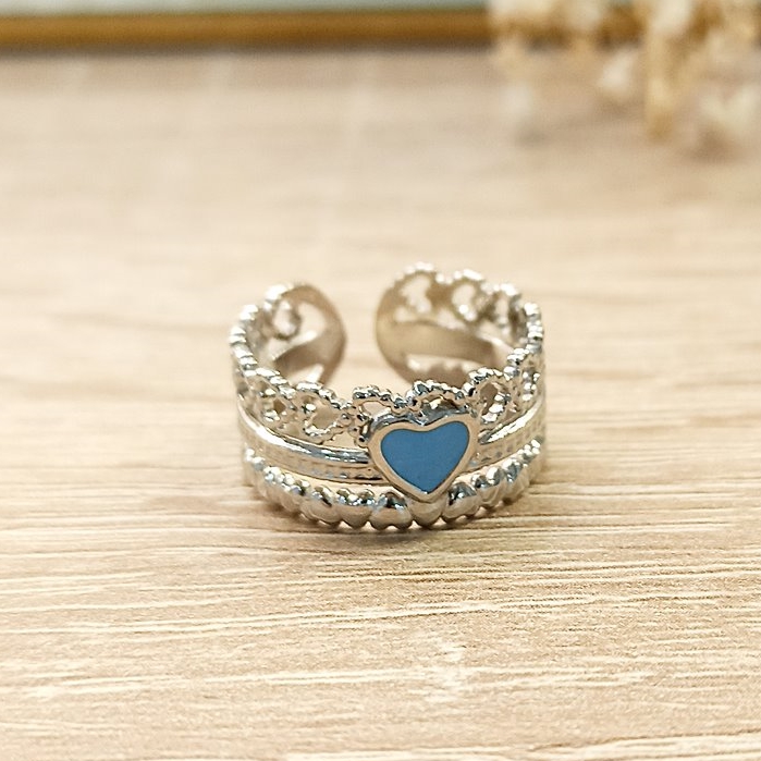 Anillo Doble Cadena Corazón Azul