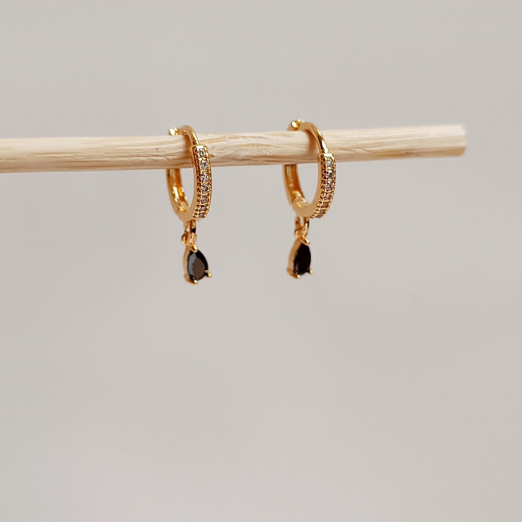 Aros Circonitas Colgante Gota Cristal Negro Dorado