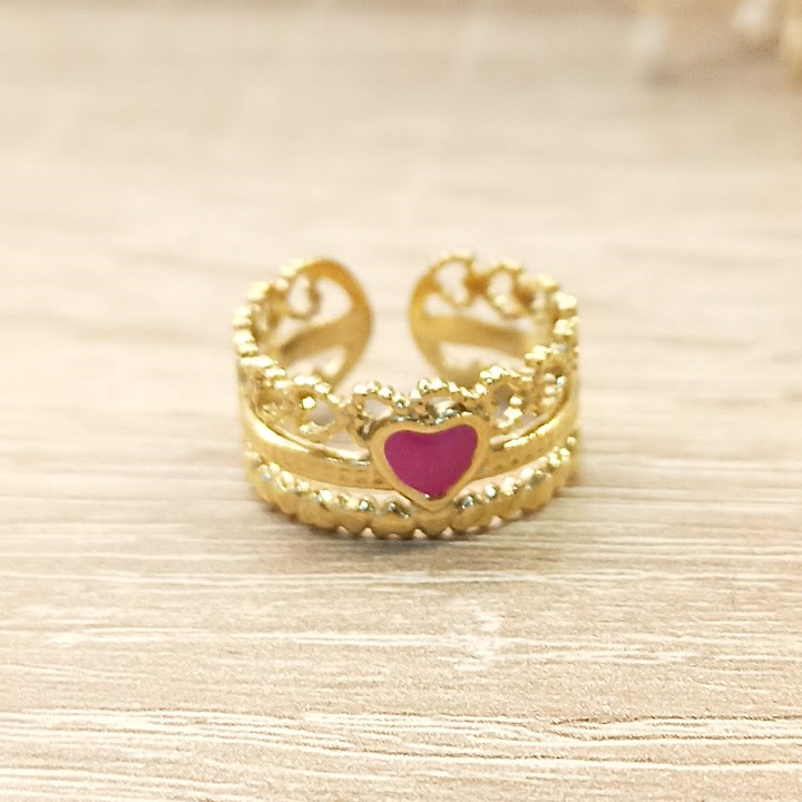 Anillo Triple Cadena Corazón Fucsia