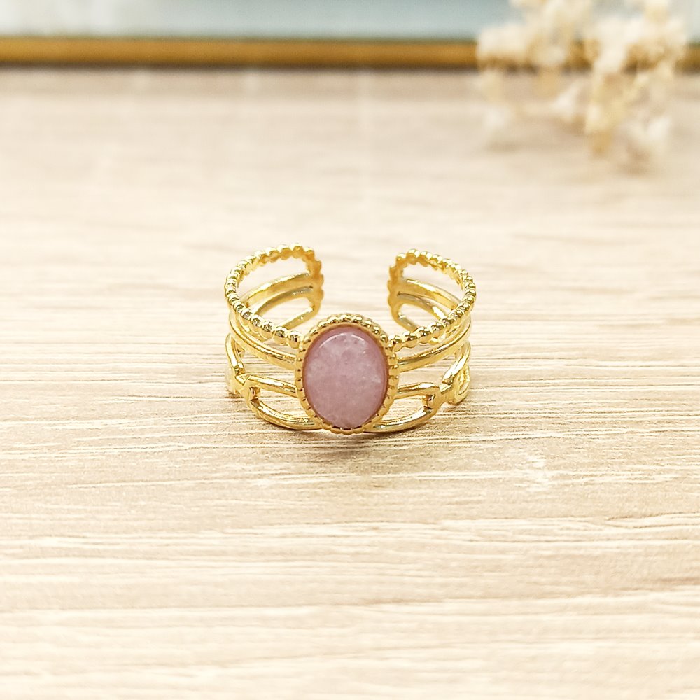 Anillo Cadena Triple Cuarzo Rosa Dorado