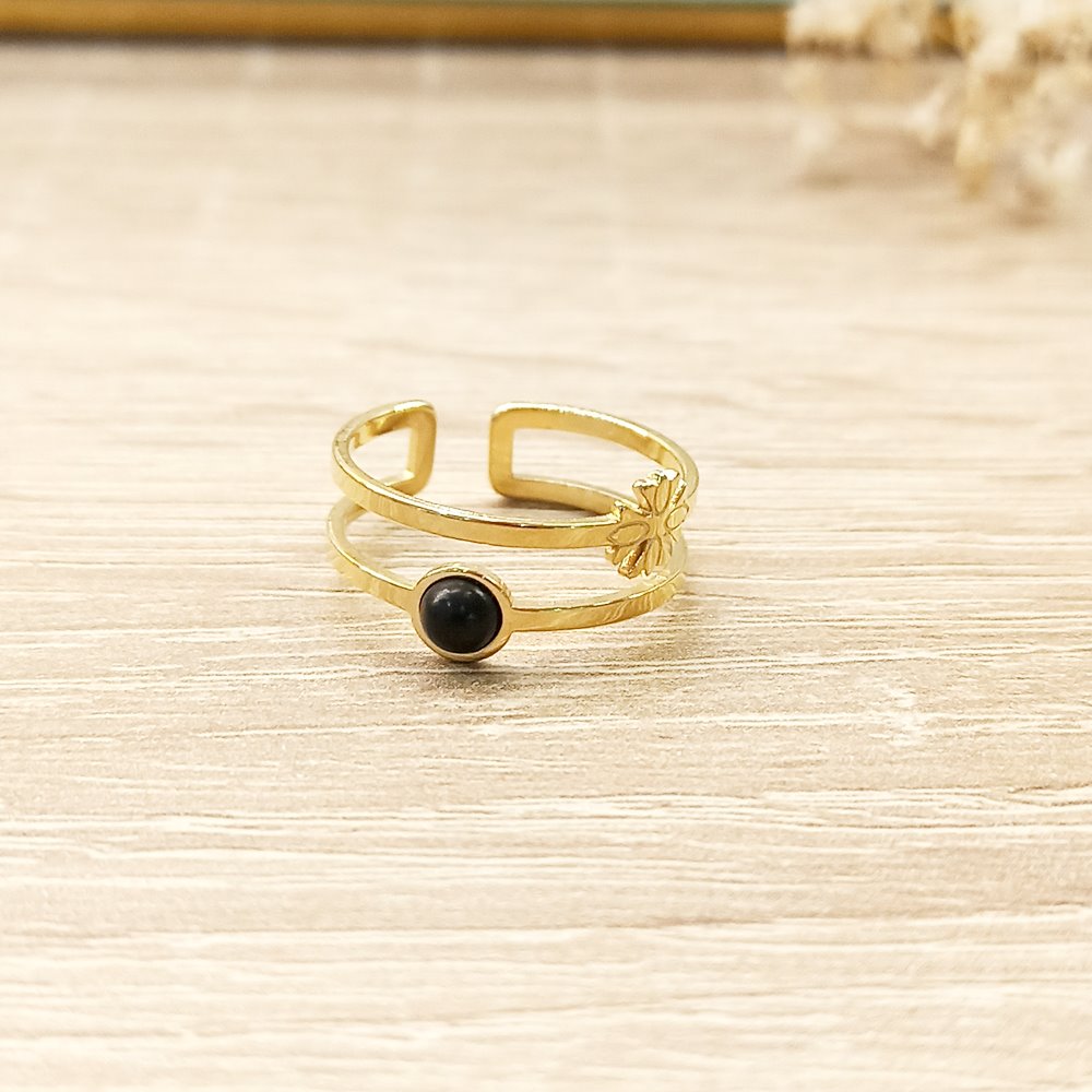 Anillo Doble Negro Detalle Flor Dorado