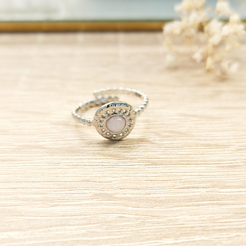 Anillo Rueda Cuarzo Rosa Plateado