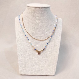 Collar Doble Cuentas Azules Chapita Dorada