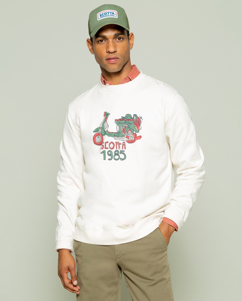 Sudadera Blanca Crudo Con estampado Moto Verde y Roja Frontal - Scotta