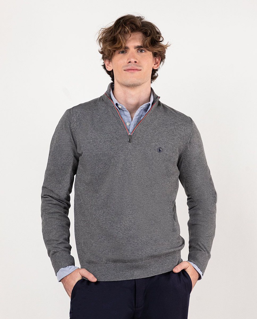 Jersey Cuello Cremallera Gris Melange - El Ganso