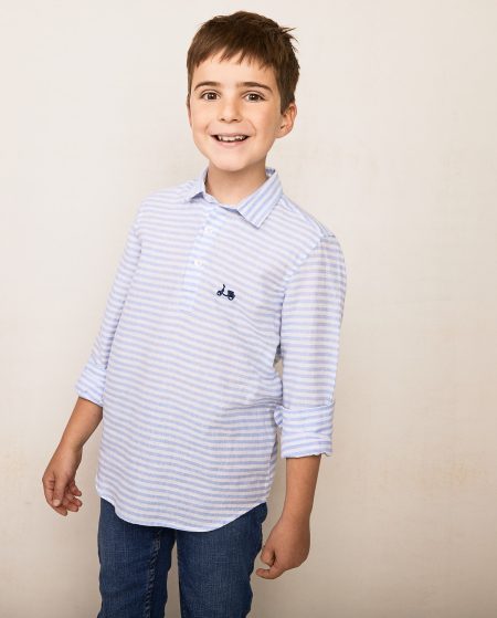 Camisa Niño Polera Raya Horizontal Lino Algodón Celeste - Scotta