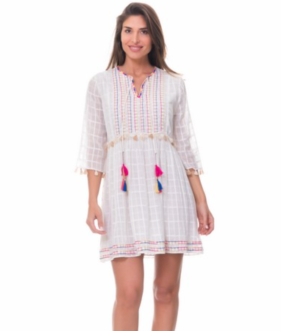 Vestido Blanco Boho Bordado Central y Pompones B/B - Peace&amp;Love