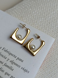 Pendientes Aro Geométrico Cuadrado Perlita Dorado