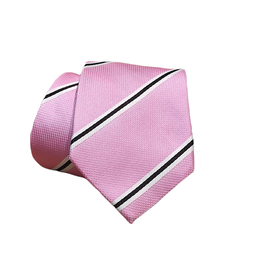 [cb096] Corbata rosa con franjas diagonales negras y blancas