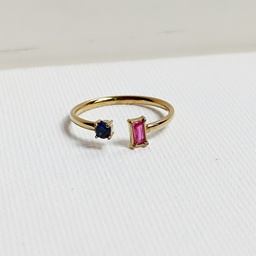 Anillo Dorado Doble Circonita Rectangular Fucsia y Azul