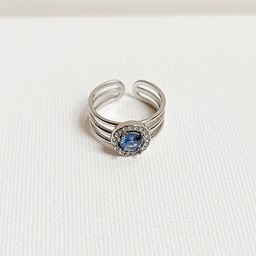 Anillo Ancho Efecto Triple Cristal Azul Plateado