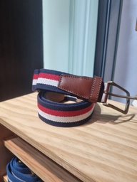 Cinturón elástico/piel stroget azul marino con franjas blancas y rojas