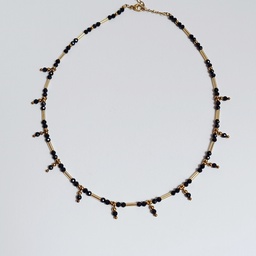 [J250084] Collar Cadena De Pedrería Negro Colgantitos Bolitas Dorado