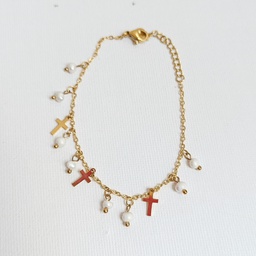[J250077] Pulsera Bolitas Blancas con Cruces