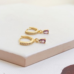 Pendientes Aritos Circonitas Con Gota Morada Dorado