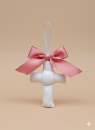 Cruz Blanca Lino con Lazo Satén Rosa